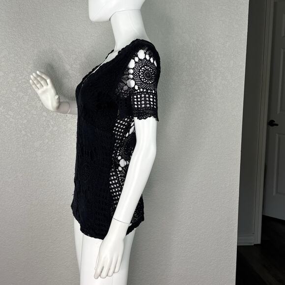 Vtg Y2K 90s Crochet Babydoll Top Sweater Grunge Goth Boho Black Size S - Picture 3 of 8